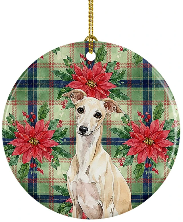 Main image of Cream Italian Greyhound Christmas PoinsettIas Ceramic Ornament Christmas Tree Hanging Decorations for Home Christmas Holiday, Party, Gift, 3 in, Multicolor