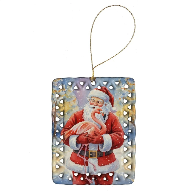Main image of Flamingo with Santa Claus Porcelain Ornament Christmas Tree Hanging Decorations for Home Christmas Holiday, Rectangle, Gift, Multicolor