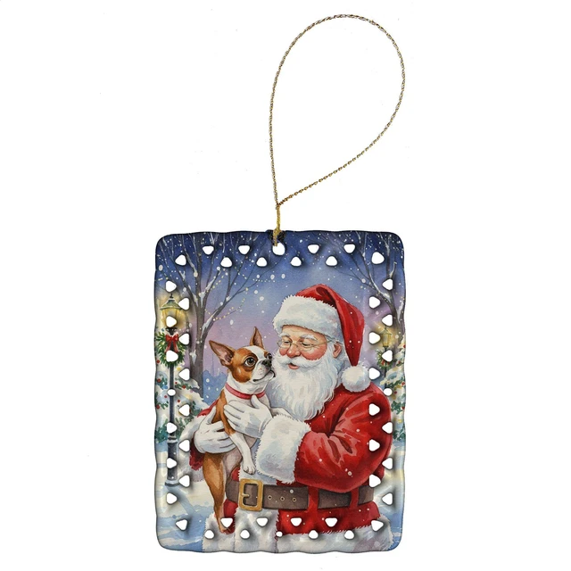 Main image of Red Boston Terrier with Santa Claus Porcelain Ornament Christmas Tree Hanging Decorations for Home Christmas Holiday, Rectangle, Gift, Multicolor