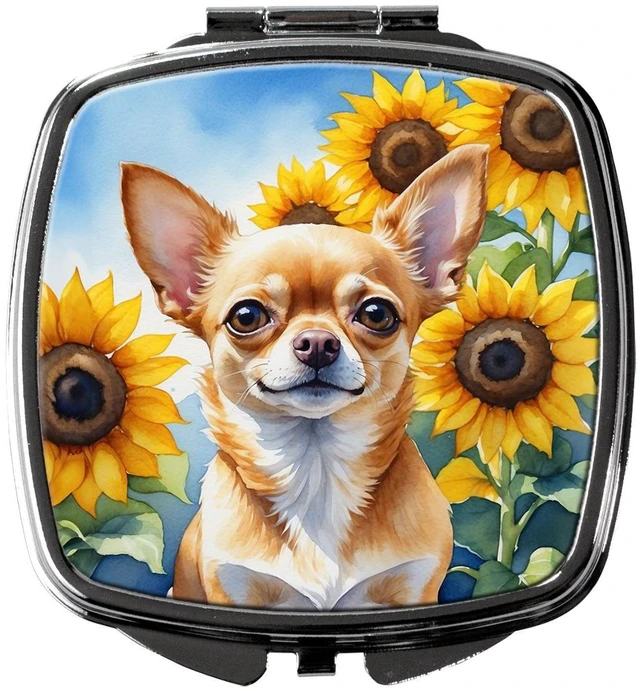 Main image of Chihuahua in Sunflowers Compact Mirror Decorative Travel Makeup Mirror for Women Girls Gifts Pocket Makeup Mirror Folding Handheld