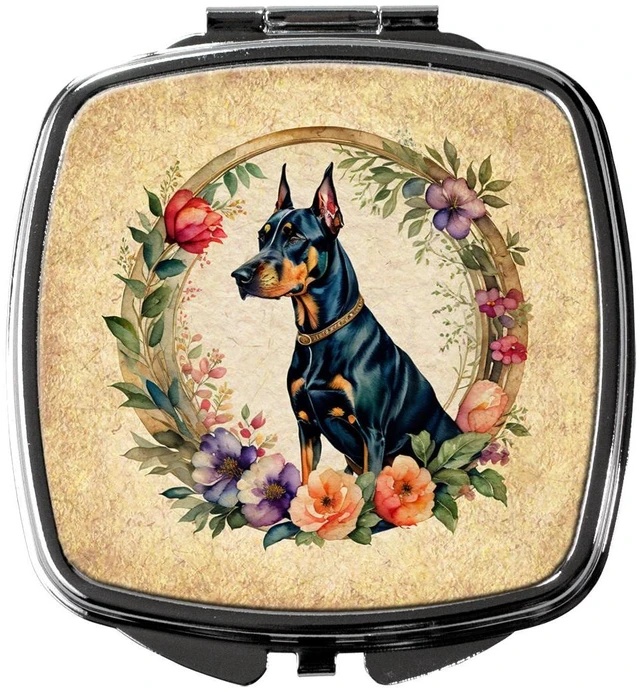 Main image of Doberman Pinscher and Flowers Compact Mirror Decorative Travel Makeup Mirror for Women Girls Gifts Pocket Makeup Mirror Folding Handheld