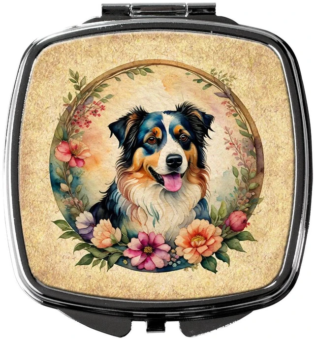 Main image of Australian Shepherd and Flowers Compact Mirror Decorative Travel Makeup Mirror for Women Girls Gifts Pocket Makeup Mirror Folding Handheld