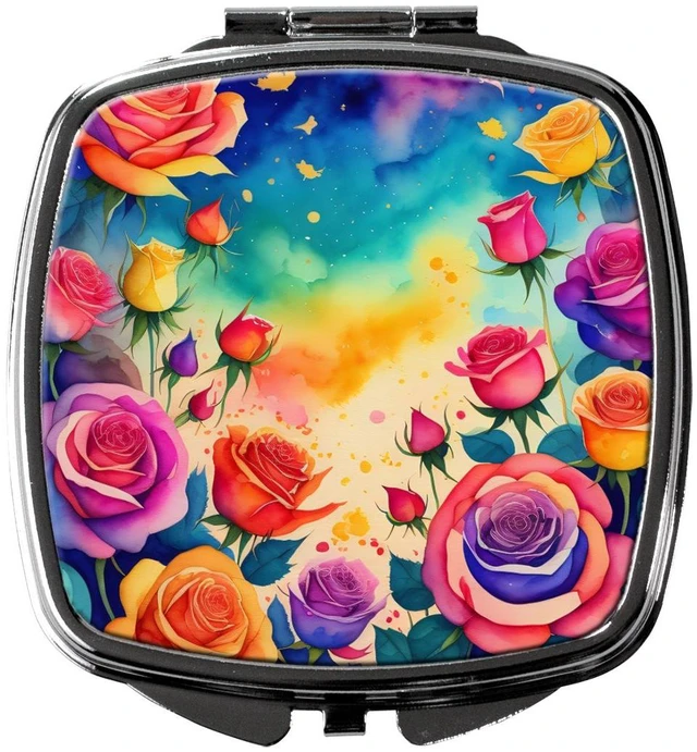 Main image of Colorful Roses Compact Mirror Decorative Travel Makeup Mirror for Women Girls Gifts Pocket Makeup Mirror Folding Handheld