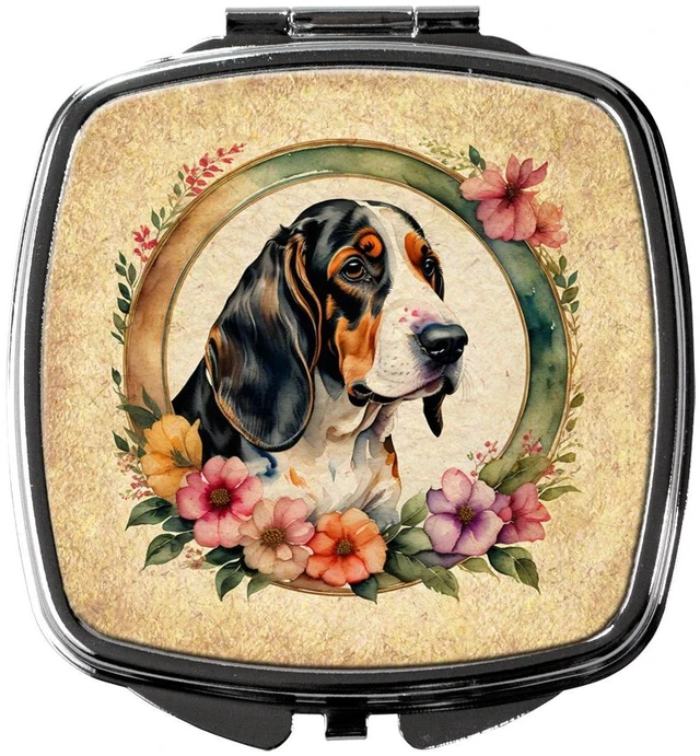 Main image of Basset Hound and Flowers Compact Mirror Decorative Travel Makeup Mirror for Women Girls Gifts Pocket Makeup Mirror Folding Handheld