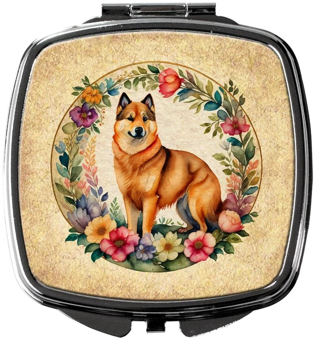 Main image of Finnish Spitz and Flowers Compact Mirror Decorative Travel Makeup Mirror for Women Girls Gifts Pocket Makeup Mirror Folding Handheld