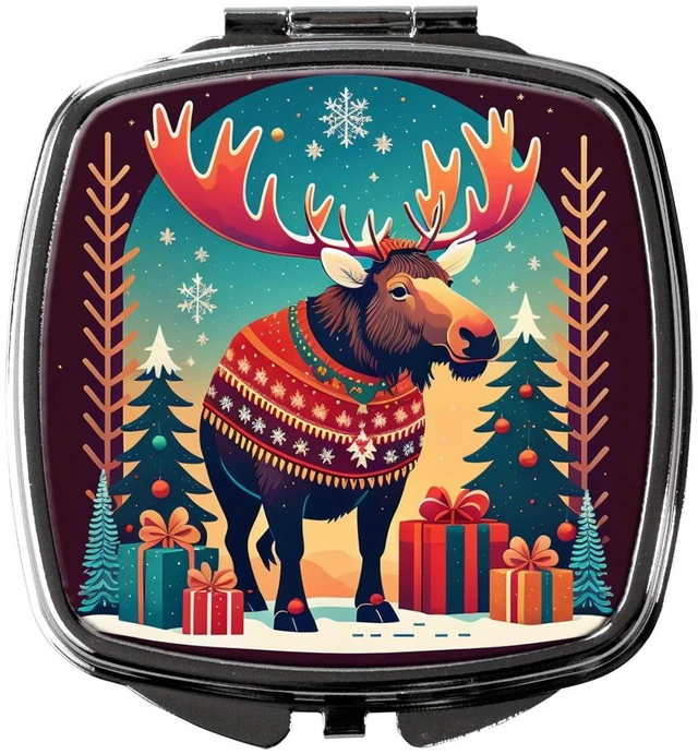 Main image of Moose Christmas Compact Mirror Decorative Travel Makeup Mirror for Women Girls Gifts Pocket Makeup Mirror Folding Handheld