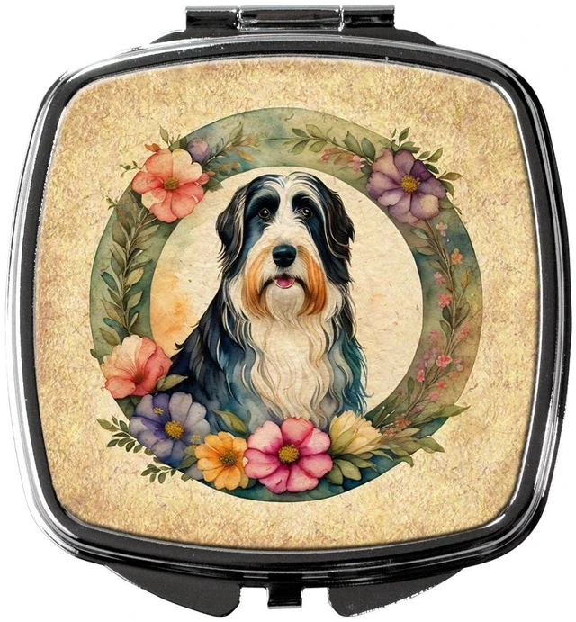 Main image of Bearded Collie and Flowers Compact Mirror Decorative Travel Makeup Mirror for Women Girls Gifts Pocket Makeup Mirror Folding Handheld