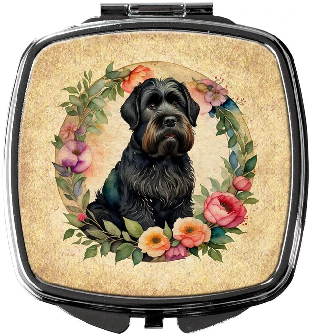 Main image of Black Russian Terrier and Flowers Compact Mirror Decorative Travel Makeup Mirror for Women Girls Gifts Pocket Makeup Mirror Folding Handheld