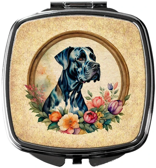 Main image of Great Dane and Flowers Compact Mirror Decorative Travel Makeup Mirror for Women Girls Gifts Pocket Makeup Mirror Folding Handheld