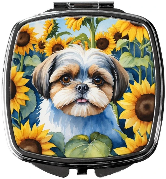 Main image of Shih Tzu in Sunflowers Compact Mirror Decorative Travel Makeup Mirror for Women Girls Gifts Pocket Makeup Mirror Folding Handheld