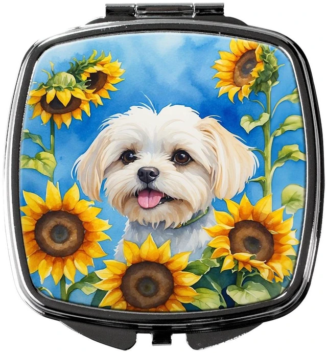 Main image of Maltese in Sunflowers Compact Mirror Decorative Travel Makeup Mirror for Women Girls Gifts Pocket Makeup Mirror Folding Handheld