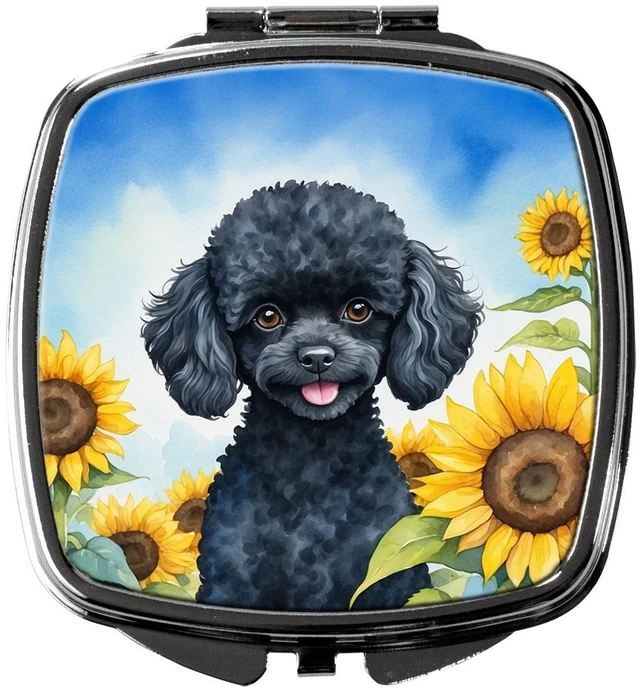Main image of Black Poodle in Sunflowers Compact Mirror Decorative Travel Makeup Mirror for Women Girls Gifts Pocket Makeup Mirror Folding Handheld