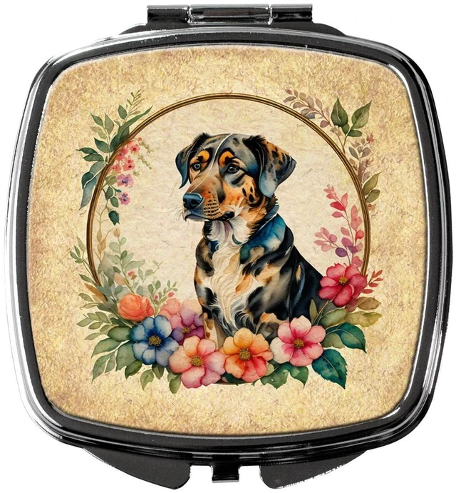 Main image of Catahoula Leopard Dog and Flowers Compact Mirror Decorative Travel Makeup Mirror for Women Girls Gifts Pocket Makeup Mirror Folding Handheld