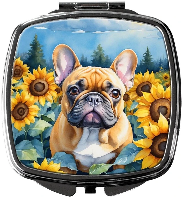 Main image of French Bulldog in Sunflowers Compact Mirror Decorative Travel Makeup Mirror for Women Girls Gifts Pocket Makeup Mirror Folding Handheld