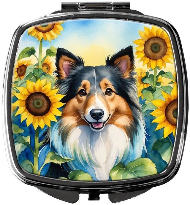 Main image of Sheltie in Sunflowers Compact Mirror Decorative Travel Makeup Mirror for Women Girls Gifts Pocket Makeup Mirror Folding Handheld