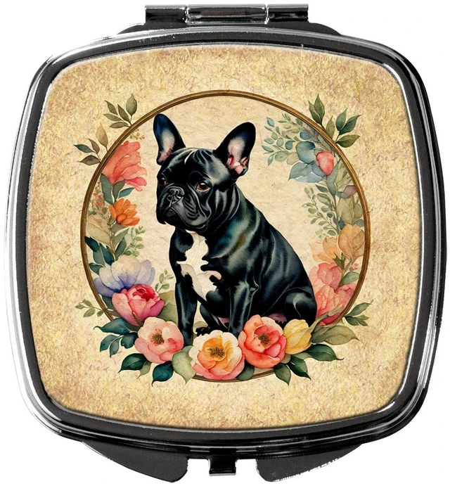 Main image of Black French Bulldog and Flowers Compact Mirror Decorative Travel Makeup Mirror for Women Girls Gifts Pocket Makeup Mirror Folding Handheld