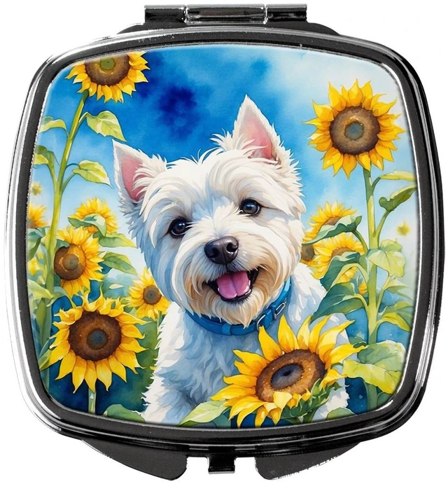 Main image of Westie in Sunflowers Compact Mirror Decorative Travel Makeup Mirror for Women Girls Gifts Pocket Makeup Mirror Folding Handheld