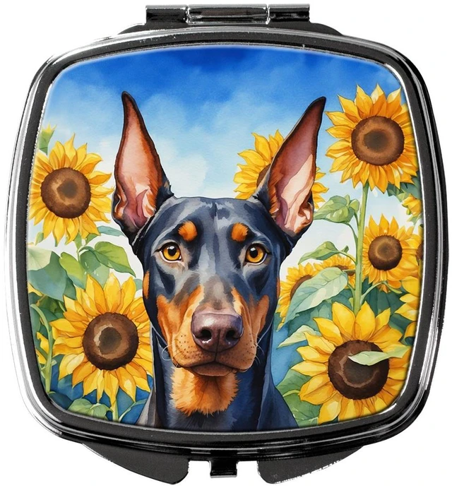 Main image of Doberman Pinscher in Sunflowers Compact Mirror Decorative Travel Makeup Mirror for Women Girls Gifts Pocket Makeup Mirror Folding Handheld