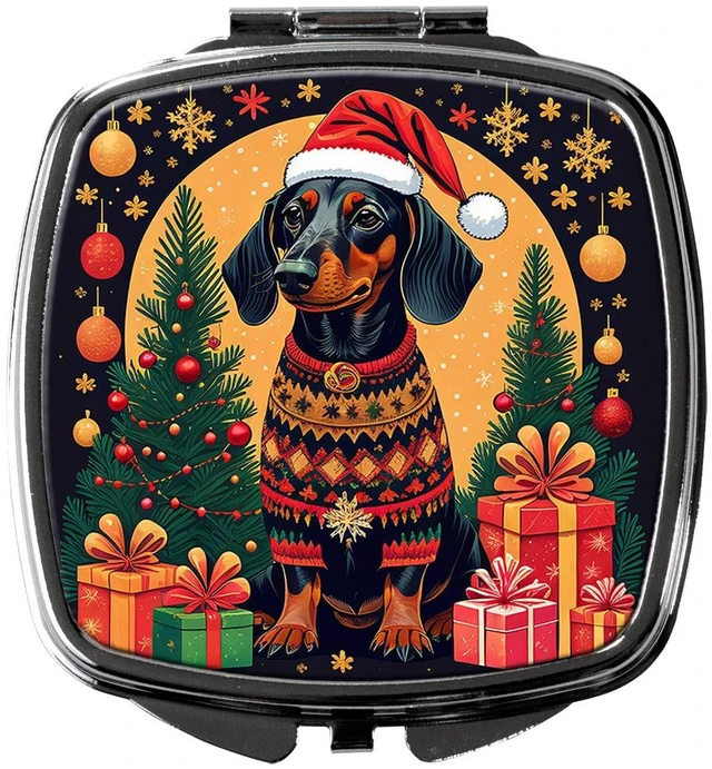 Main image of Black and Tan Dachshund Christmas Compact Mirror Decorative Travel Makeup Mirror for Women Girls Gifts Pocket Makeup Mirror Folding Handheld