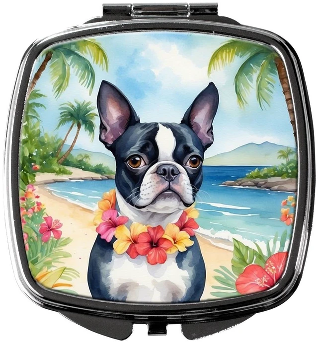 Main image of Boston Terrier Luau Compact Mirror Decorative Travel Makeup Mirror for Women Girls Gifts Pocket Makeup Mirror Folding Handheld