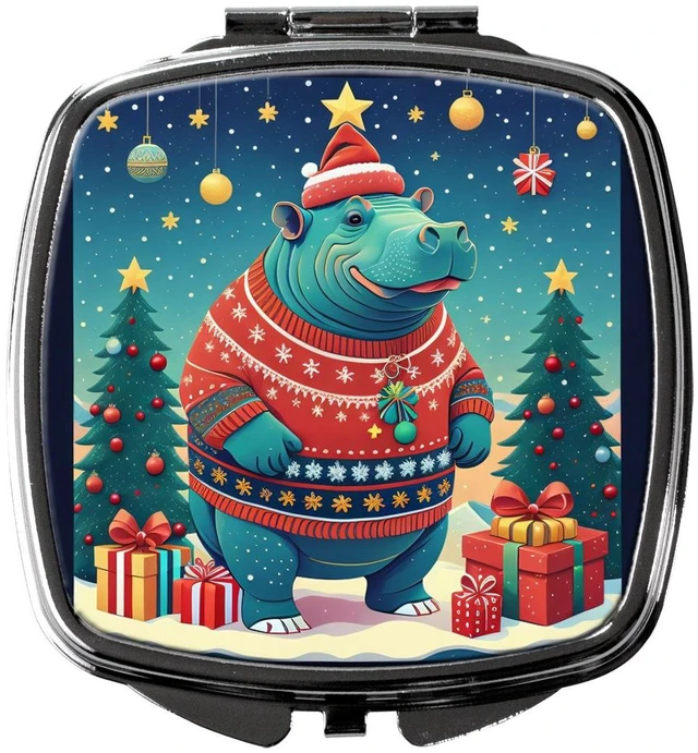 Main image of Hippopotamus Christmas Compact Mirror Decorative Travel Makeup Mirror for Women Girls Gifts Pocket Makeup Mirror Folding Handheld