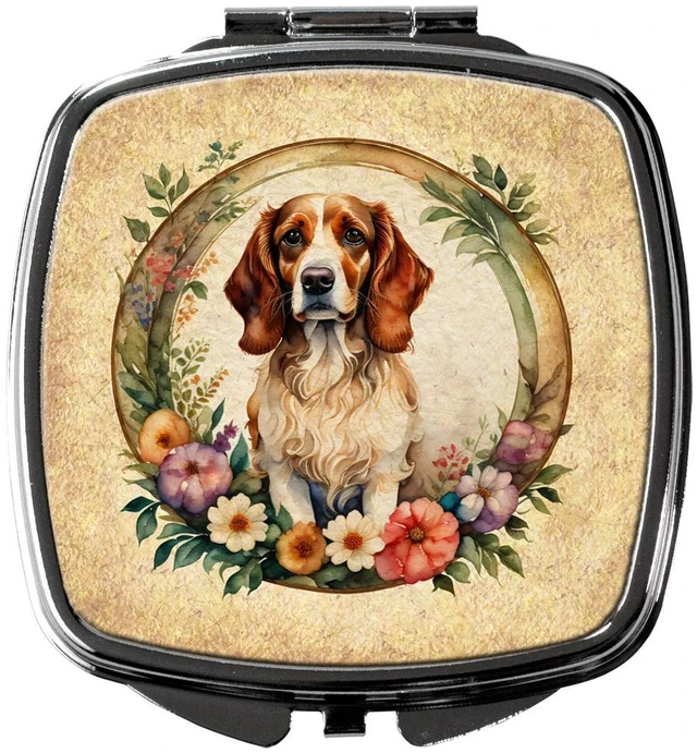 Main image of Brittany Spaniel and Flowers Compact Mirror Decorative Travel Makeup Mirror for Women Girls Gifts Pocket Makeup Mirror Folding Handheld
