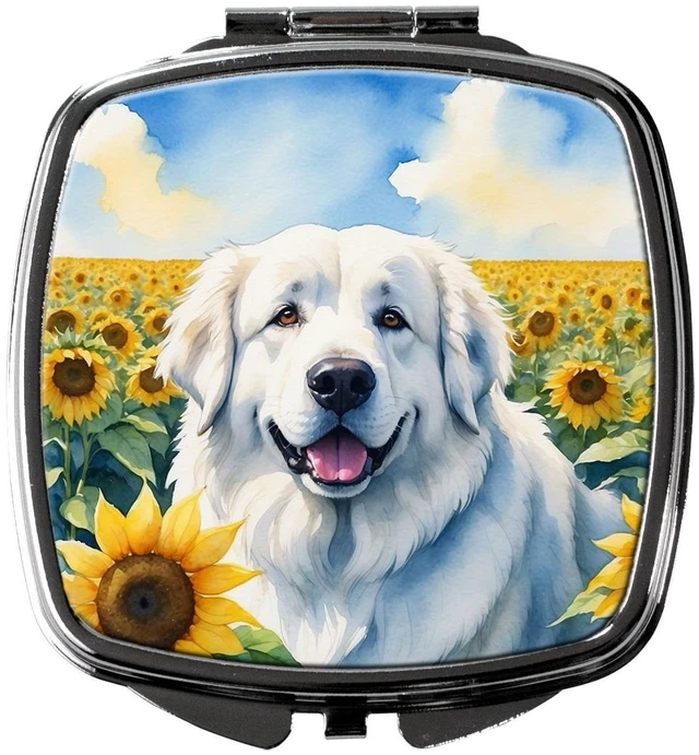 Main image of Great Pyrenees in Sunflowers Compact Mirror Decorative Travel Makeup Mirror for Women Girls Gifts Pocket Makeup Mirror Folding Handheld