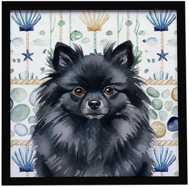 Main image of Black Pomeranian Coastal Sea Glass Framed Metal Print Bathroom, Kitchen, Office, Home Decor Wall Art Ready to Hang, Square, 8X8
