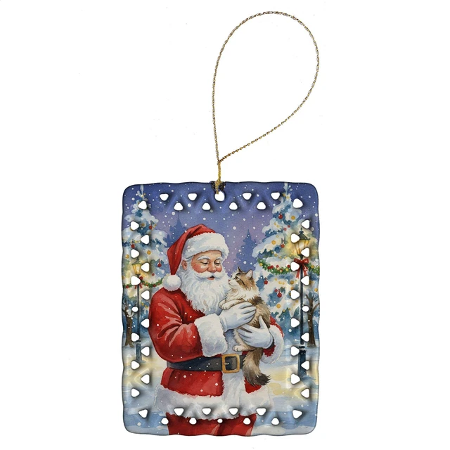 Main image of Cymric Cat with Santa Claus Porcelain Ornament Christmas Tree Hanging Decorations for Home Christmas Holiday, Rectangle, Gift, Multicolor