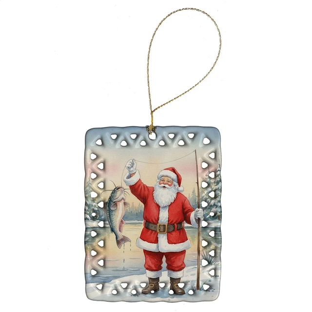 Main image of Fishing Santa Claus with Catfish Christmas Porcelain Ornament Christmas Tree Hanging Decorations for Home Christmas Holiday, Rectangle, Gift, Multicolor