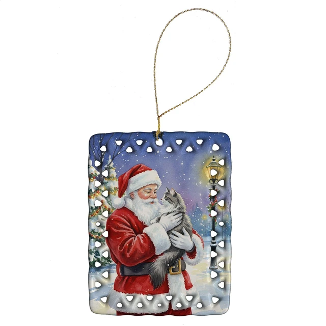 Main image of Norwegian Forest Cat Gray and White with Santa Claus Porcelain Ornament Christmas Tree Hanging Decorations for Home Christmas Holiday, Rectangle, Gift, Multicolor
