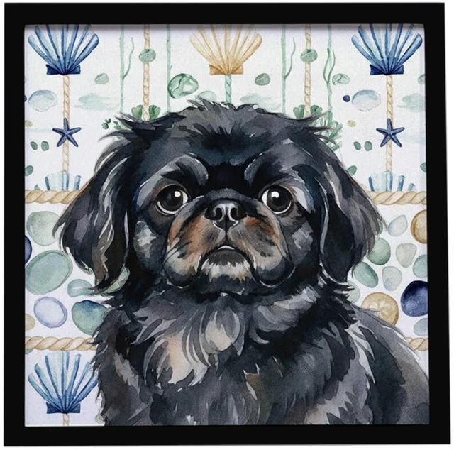 Main image of Black Pekingese Coastal Sea Glass Framed Metal Print Bathroom, Kitchen, Office, Home Decor Wall Art Ready to Hang, Square, 8X8