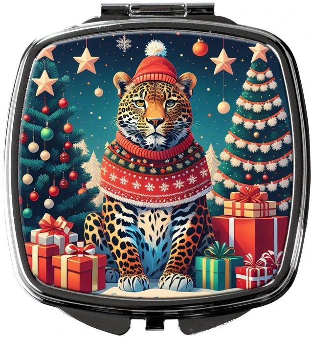 Main image of Leopard Christmas Compact Mirror Decorative Travel Makeup Mirror for Women Girls Gifts Pocket Makeup Mirror Folding Handheld