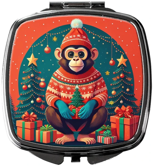 Main image of Monkey Christmas Compact Mirror Decorative Travel Makeup Mirror for Women Girls Gifts Pocket Makeup Mirror Folding Handheld