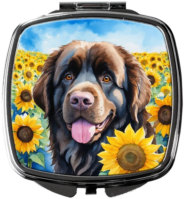 Main image of Newfoundland in Sunflowers Compact Mirror Decorative Travel Makeup Mirror for Women Girls Gifts Pocket Makeup Mirror Folding Handheld