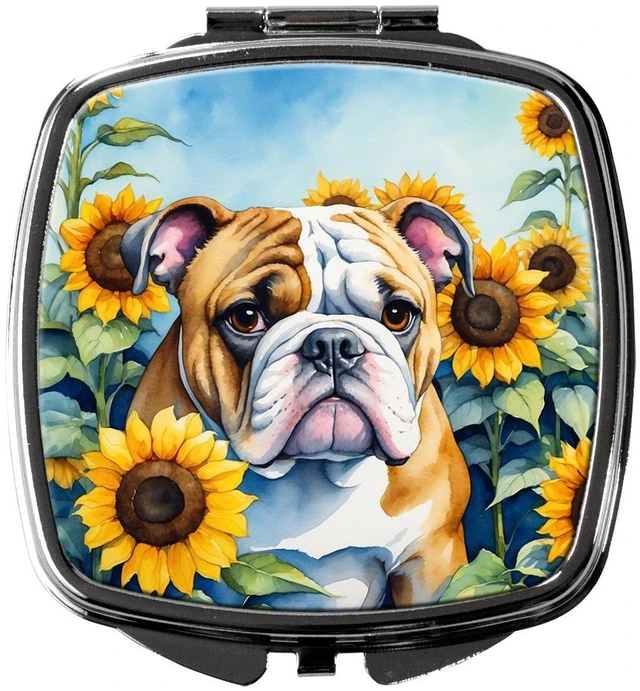 Main image of English Bulldog in Sunflowers Compact Mirror Decorative Travel Makeup Mirror for Women Girls Gifts Pocket Makeup Mirror Folding Handheld