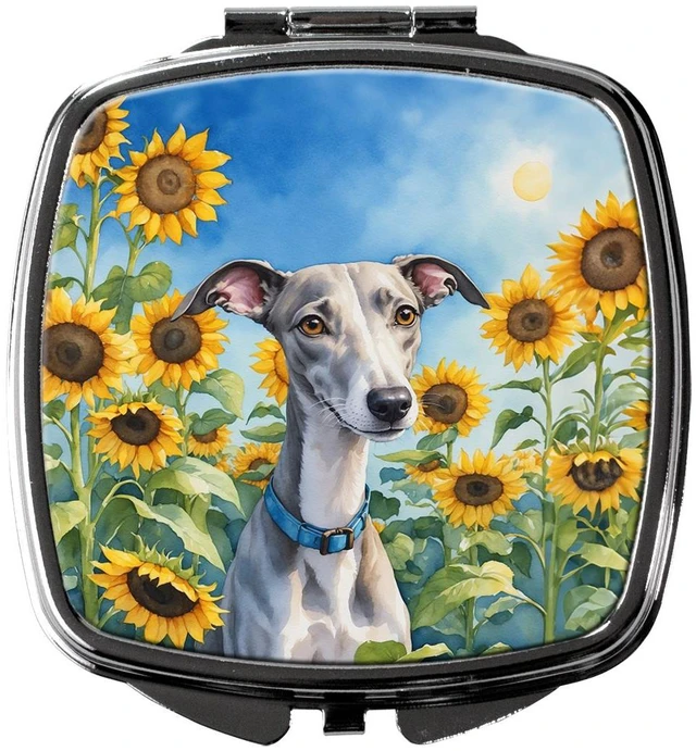 Main image of Whippet in Sunflowers Compact Mirror Decorative Travel Makeup Mirror for Women Girls Gifts Pocket Makeup Mirror Folding Handheld
