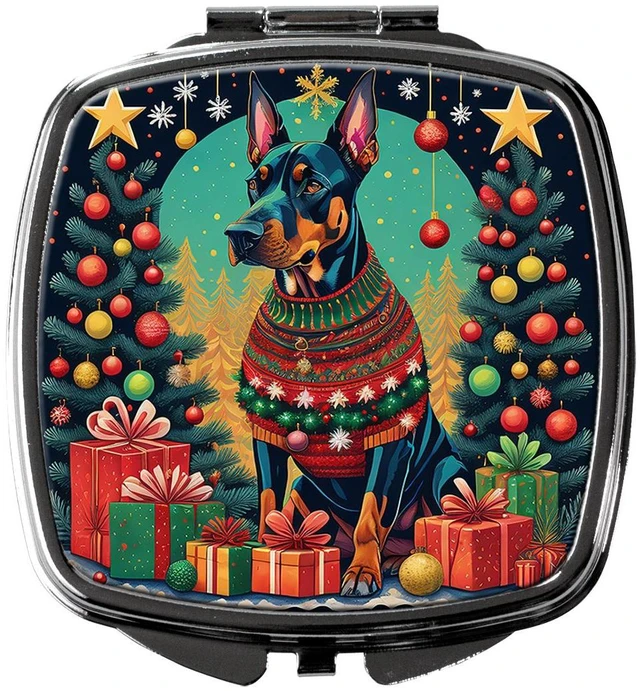 Main image of Doberman Pinscher Christmas Compact Mirror Decorative Travel Makeup Mirror for Women Girls Gifts Pocket Makeup Mirror Folding Handheld