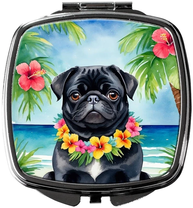 Main image of Black Pug Luau Compact Mirror Decorative Travel Makeup Mirror for Women Girls Gifts Pocket Makeup Mirror Folding Handheld