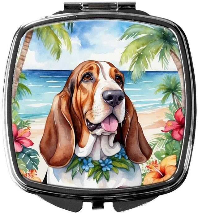 Main image of Basset Hound Luau Compact Mirror Decorative Travel Makeup Mirror for Women Girls Gifts Pocket Makeup Mirror Folding Handheld