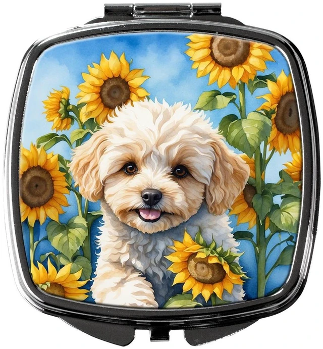 Main image of Maltipoo in Sunflowers Compact Mirror Decorative Travel Makeup Mirror for Women Girls Gifts Pocket Makeup Mirror Folding Handheld