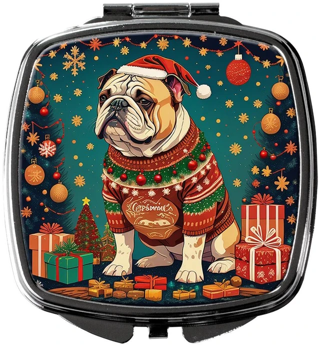 Main image of English Bulldog Christmas Compact Mirror Decorative Travel Makeup Mirror for Women Girls Gifts Pocket Makeup Mirror Folding Handheld