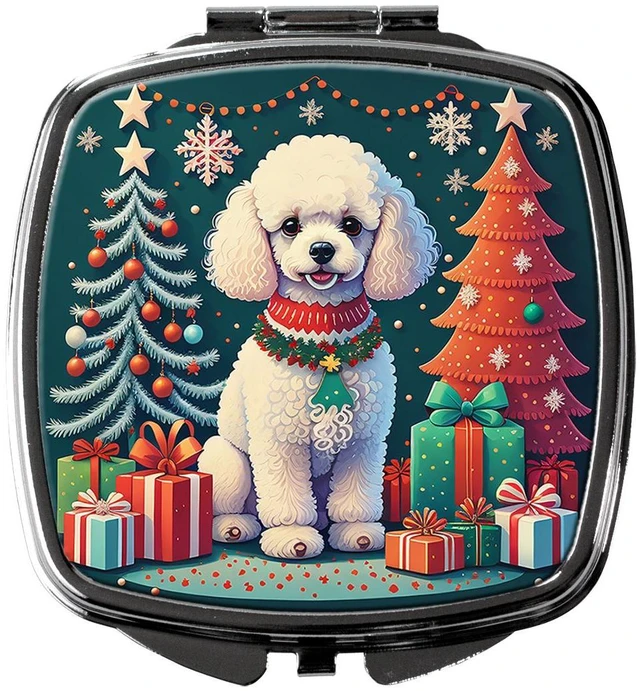 Main image of White Toy Poodle Christmas Compact Mirror Decorative Travel Makeup Mirror for Women Girls Gifts Pocket Makeup Mirror Folding Handheld