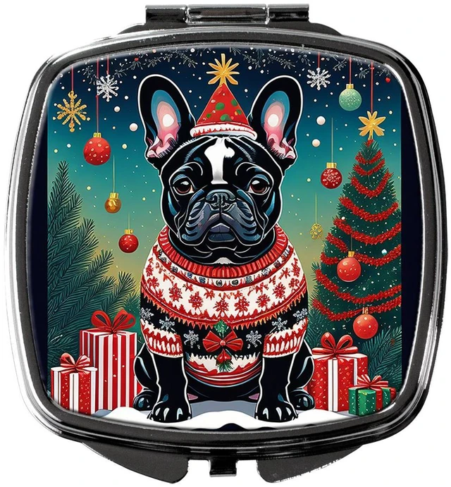 Main image of Black French Bulldog Christmas Compact Mirror Decorative Travel Makeup Mirror for Women Girls Gifts Pocket Makeup Mirror Folding Handheld