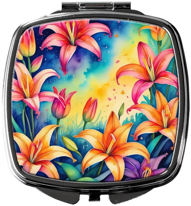 Main image of Colorful Lilies Compact Mirror Decorative Travel Makeup Mirror for Women Girls Gifts Pocket Makeup Mirror Folding Handheld