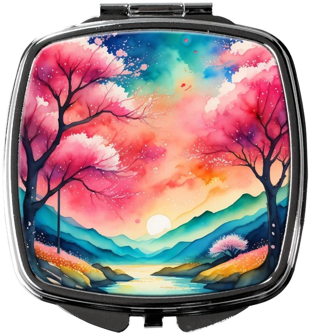 Main image of Colorful Cherry Blossoms Compact Mirror Decorative Travel Makeup Mirror for Women Girls Gifts Pocket Makeup Mirror Folding Handheld