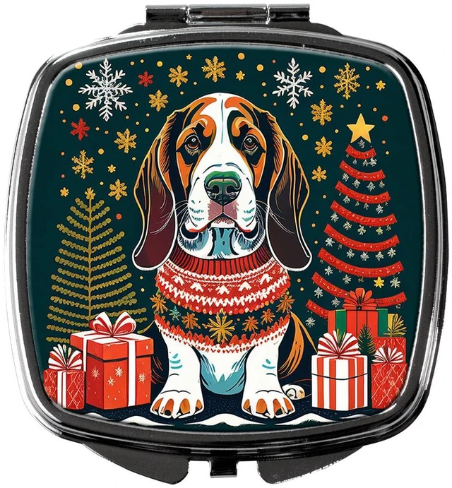 Main image of Basset Hound Christmas Compact Mirror Decorative Travel Makeup Mirror for Women Girls Gifts Pocket Makeup Mirror Folding Handheld