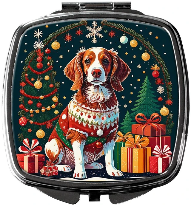 Main image of Brittany Spaniel Christmas Compact Mirror Decorative Travel Makeup Mirror for Women Girls Gifts Pocket Makeup Mirror Folding Handheld