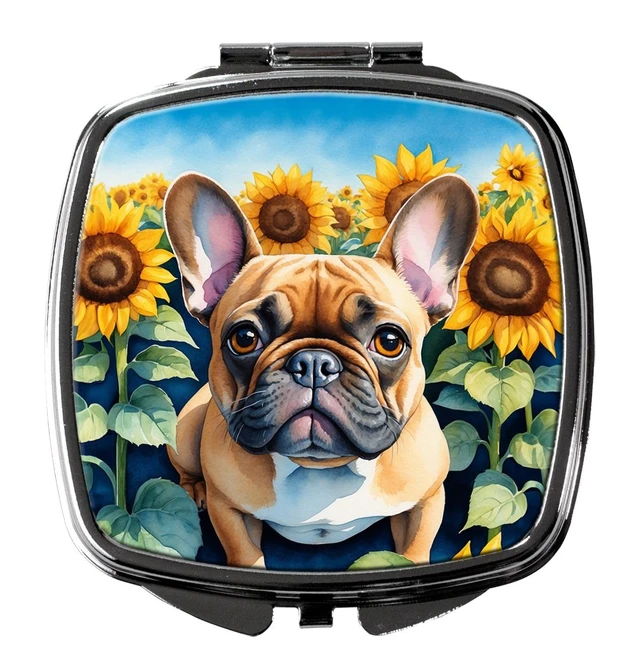 Main image of French Bulldog in Sunflowers Compact Mirror Decorative Travel Makeup Mirror for Women Girls Gifts Pocket Makeup Mirror Folding Handheld