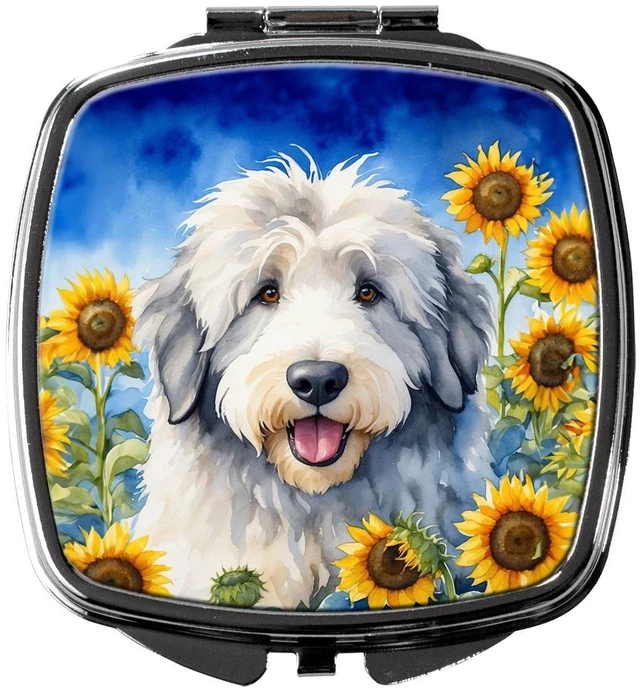 Main image of Old English Sheepdog in Sunflowers Compact Mirror Decorative Travel Makeup Mirror for Women Girls Gifts Pocket Makeup Mirror Folding Handheld